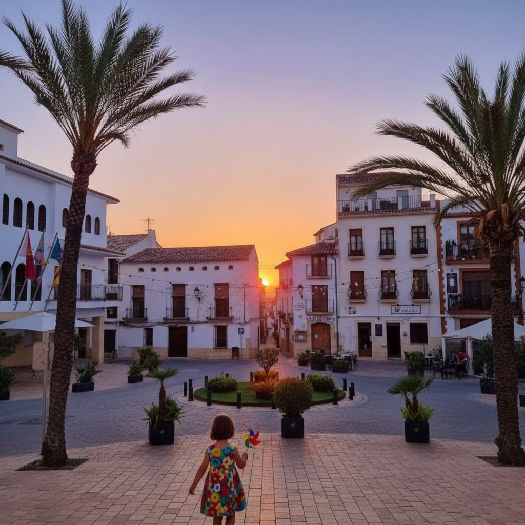 La Nucia centrum bij zonsondergang